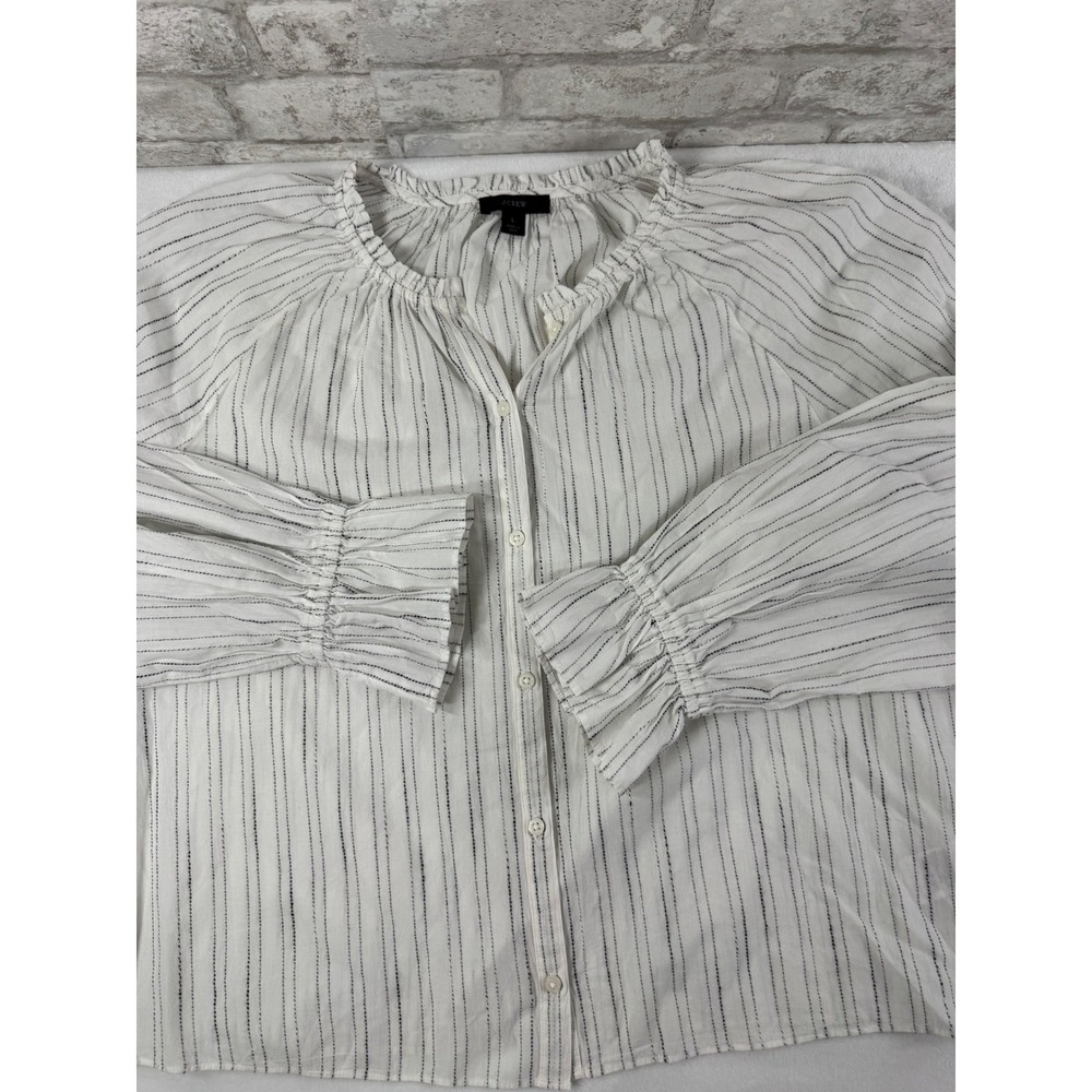 J.Crew Striped Blouse Size Large White Ruffle Cuff Button Front Top